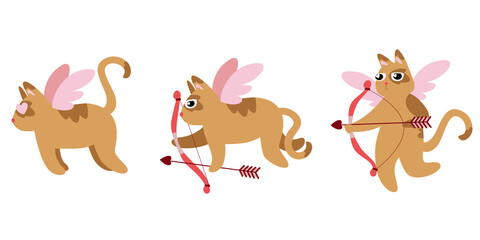 Cat cupid in different poses. Cute character in flat style