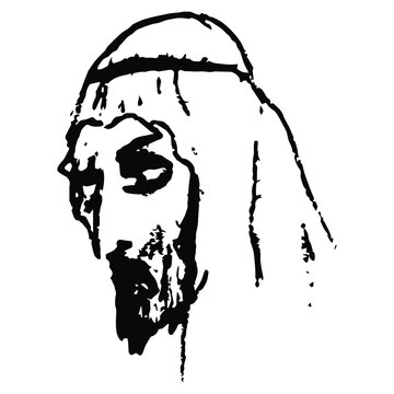 Head of a handsome bearded Arab man wearing keffiyeh or kefia. Young Jew or Semite. Jesus Christ. Male portrait. Hand drawn linear doodle rough sketch. Black silhouette on white background.