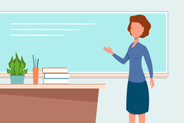 Happy teacher's day. Female teacher near the blackboard 