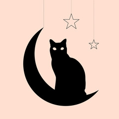 Minimalistic vector illustration with black cat on the moon
