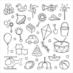 Set of Children Toys doodle.  Constructor, balloon, pinwheel, ball, car, pyramid in sketch style.  Hand drawn vector illustration isolated on white background.