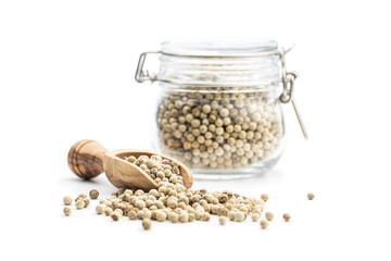 Whole pepper spice. White peppercorn grain in wooden scoop.