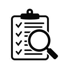 Clipboard with magnifier loupe icon, business concept. Analysis, analyzing icon. File search icon, document search, vector isolated.