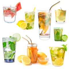 Assortment of fresh lemonade on white background