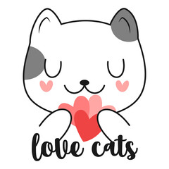 Cute doodle cat with hearts. Love cats quote. Vector illustration.