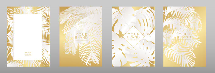 Tropical gold cover design set. Floral background golden line pattern of exotic leaves palm, monstera tree. Elegant vector collection for wedding invite, brochure template, luxury menu, eco catalog