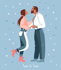 Romantic couple kissing. Vector cartoon flat illustration of a couple in love. Love story for Valentines day postcard, greeting card, Valentine party invitation. Love is love.