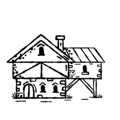 Medieval house. Village building. Old house with chimney. Black and white sketch image. Cartoon retro illustration