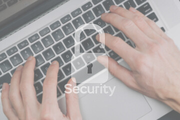 Privacy secure. Data protect symbol on blured keyboard background. System Shield Protection Verification.