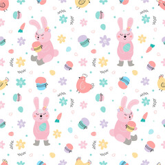 Easter seamless pattern with rabbits, cakes, eggs, willow. Cute Easter bunnies pattern.