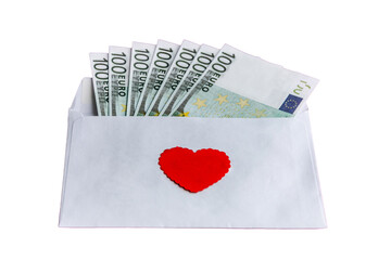 Paper envelope with 100 euro banknotes and a red heart on a white background. Bills stick out of the envelope as a holiday gift. Conceptual gift for Valentine's Day, wedding, birthday.
