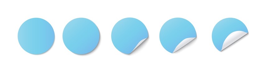 Blue realistic round paper adhesive stickers with curved corner on white background vector set