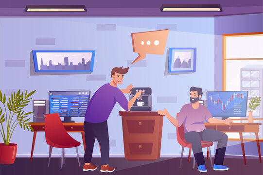 Coffee break in office concept in flat cartoon design. Colleagues making coffee, drinking beverages and discuss work tasks. Male employees communicate. Illustration with people scene background
