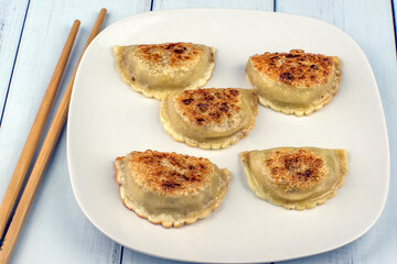 beef dumplings arranged on a plate top with chop sticks