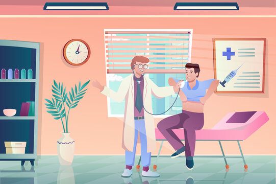 Doctors appointment concept in flat cartoon design. Therapist examines patient, diagnoses and prescribes treatment. Medical services and healthcare. Illustration with people scene background