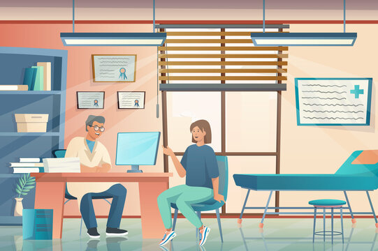 Doctors office concept in flat cartoon design. Therapist consults patient sitting at table, diagnoses and prescribes treatment. Medical services. Illustration with people scene background