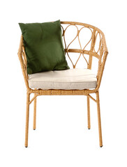 Comfortable wicker chair and pillow on white background