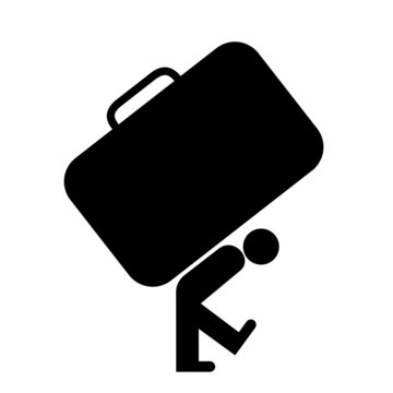 Person with baggage and luggage - Slouching man is carrying heavy suitcase, case and trunk on back. Metaphor of difficult burden, load and encumbrance from the past and history. Vector illustration.