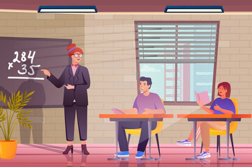 School class concept in flat cartoon design. Teenagers boy and girl sitting at desks in classroom, teacher explains lesson standing by blackboard. Illustration with people scene background