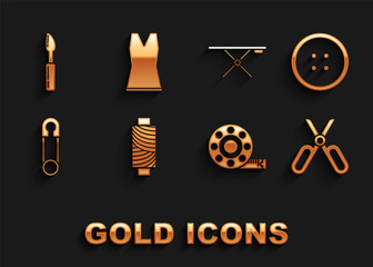 Set Sewing thread on spool, button for clothes, Scissors, Tape measure, Classic closed steel safety pin, Ironing board, Cutter tool and Woman dress icon. Vector