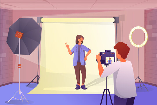 Photo studio interior concept in flat cartoon design. Woman model posing for photographer. Man with camera makes photo shooting in professional studio. Illustration with people scene background