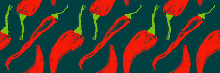 Tangy red pepper pattern seamless in vector.  Hand-drawn illustration of hot peppers. Pepper drawings. Organic vegetable background. Vegan food wallpaper. Healthy eating backdrop. Vegetarian banner.