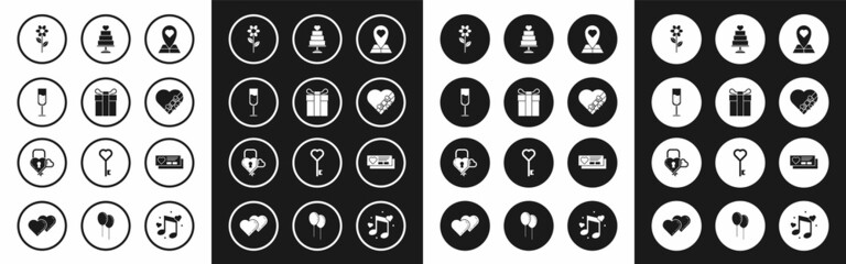 Set Map pointer with heart, Gift box, Glass of champagne, Flower, Candy shaped and bow, Wedding cake, Ticket and Castle the key icon. Vector