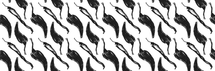 Tangy red pepper pattern seamless in vector.  Hand-drawn illustration of hot peppers. Pepper drawings. Organic vegetable background. Vegan food wallpaper. Healthy eating backdrop. Vegetarian banner.