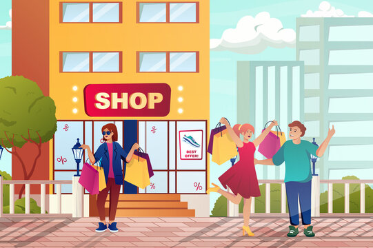 Street shopping with customers concept in flat cartoon design. Men and women buyers with bags walking near stores and making purchases at sales. Illustration with people scene background