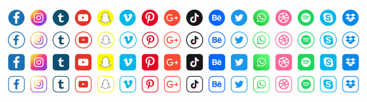 Big set of social media icons or social network logos flat icon set collection for apps and websites set illustration