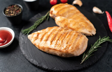 grilled chicken breasts on stone background