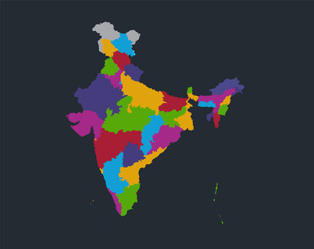 Infographics India map, flat design colors, individual administrative division, blue background with orange points, blank