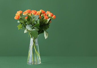 Vase with beautiful orange roses on green background