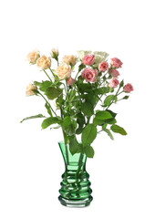Vase with bouquet of beautiful roses on white background