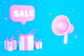 Pink megaphone or hand speaker, speech bubble with sale label tag and gift boxes on a floor. 3d rendering illustration on turquoise background.
