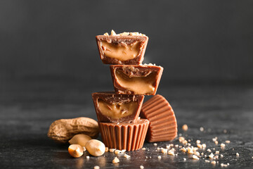 Tasty chocolate candies with peanut butter on dark background
