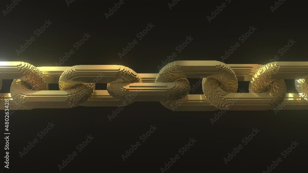 Poster 3d chain links made with golden blocks. lopable animation, blockchain technology concept