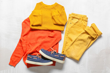 Stylish children's sweaters, pants and shoes on light background