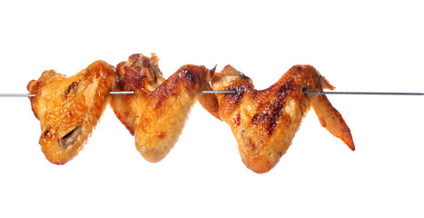 Grilled chicken wings skewer on white background