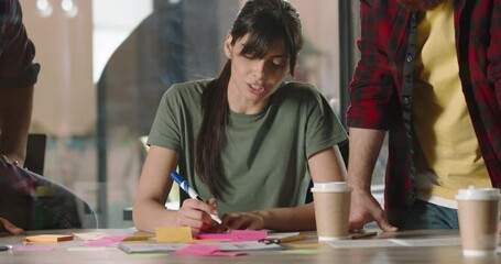 Creative university students brainstorming on project ideas. Young diverse team making plans for startup - teamwork, diversity, education, creativity 4k footage - Powered by Adobe