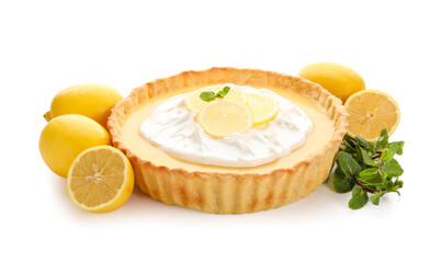 Delicious lemon tart on white background