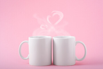 Mockup white coffe two cups or mug on a pink background with copy space