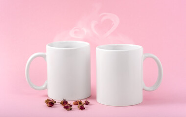 Fototapeta na wymiar Mockup white coffe two cups or mug on a pink background with copy space. Template for your design