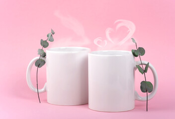 Mockup white coffe two cup or mug on a pink background. Hot drink steam in the form of heart