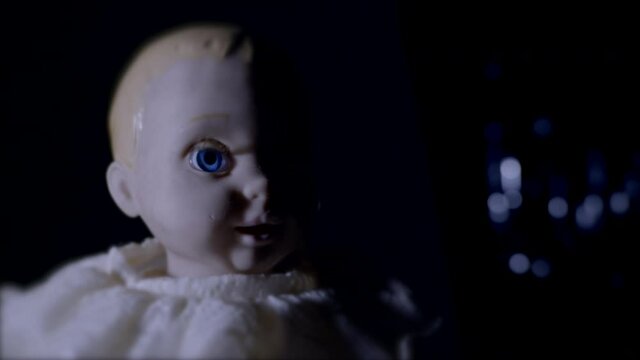 CU OF ANIMATED DOLL HEAD.  EYES BLINK, MOUTH MOVES.  SHOT IN 4K.