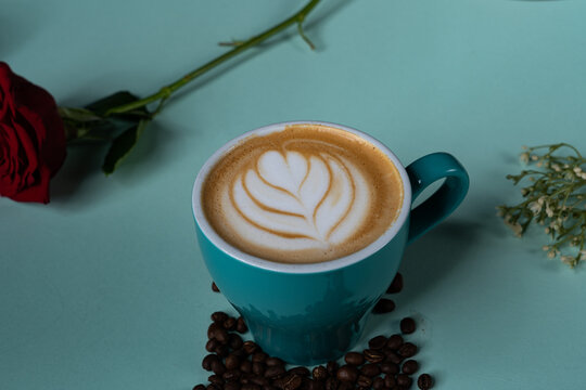 Coffee latte with art from top shot