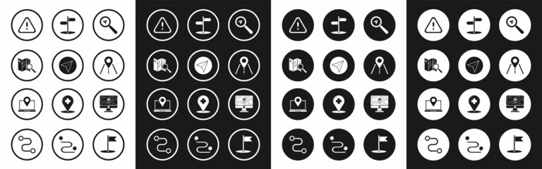 Set Search location, Paper airplane, Folded map with marker, Exclamation in triangle, Road traffic sign, Monitor and folded and Laptop icon. Vector