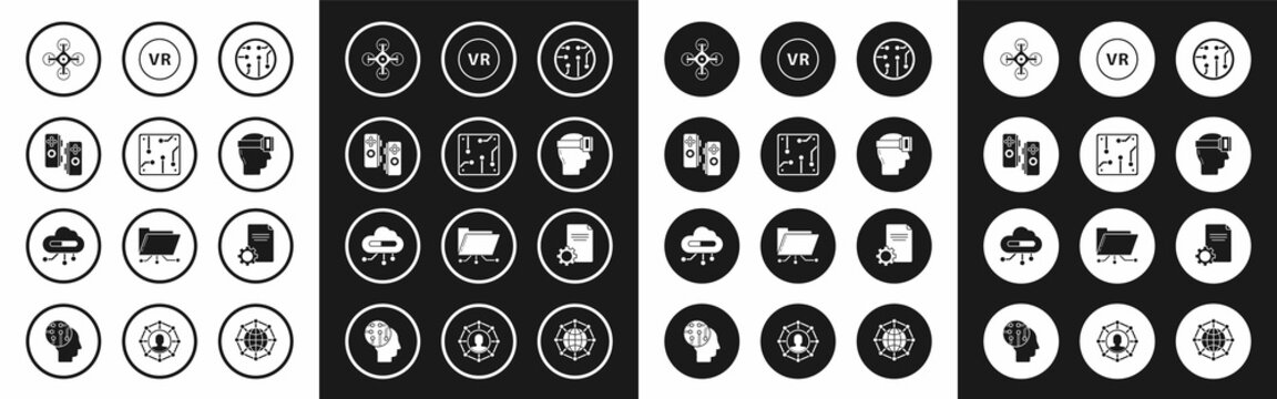 Set Processor, Gamepad, Drone, Virtual reality glasses, File document and Internet of things icon. Vector