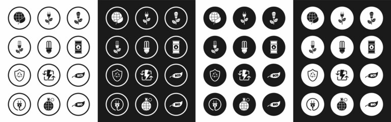 Set Light bulb with leaf, LED light, Earth globe and, Oil barrel line, Electric saving plug, Leaf Eco symbol and Recycle inside shield icon. Vector