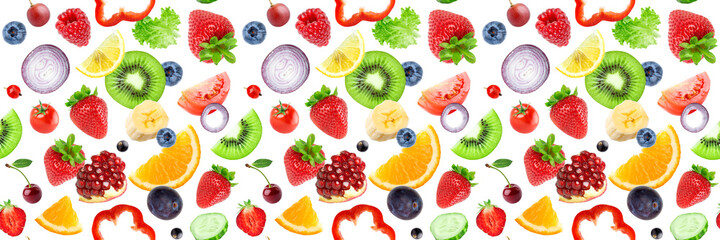 Mixed fruits and vegetables. Fruit and vegetables background.